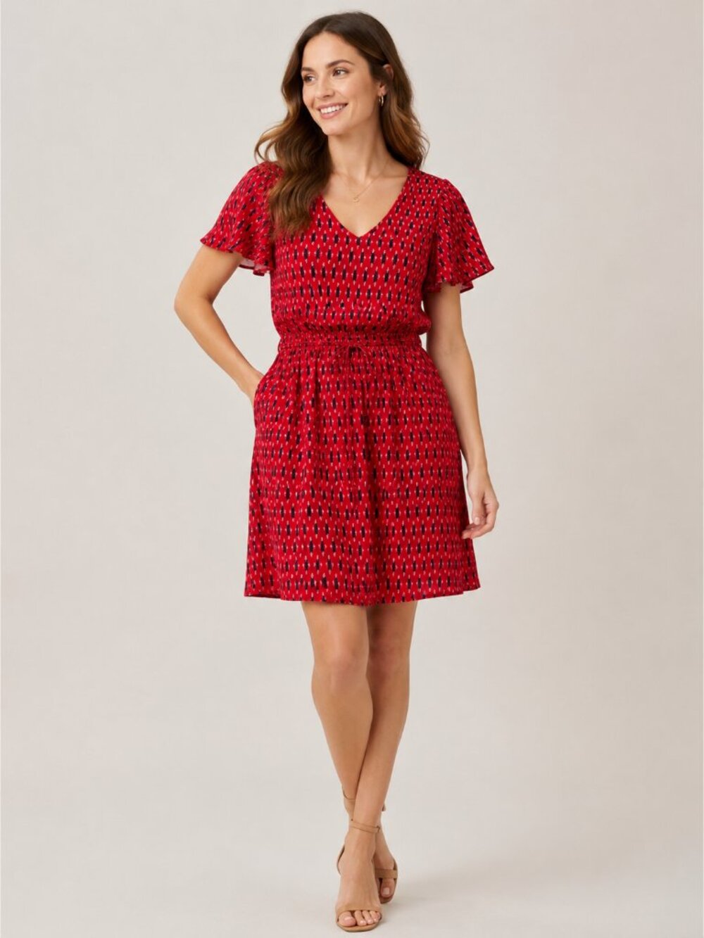LOFT Red Black White Printed V-Neck Dress XS Elastic Waist Belted Short Sleeve